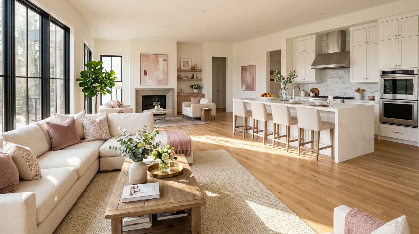 Pristine sunlit living room cleaned by Rosa's Sparkle Cleaning Services